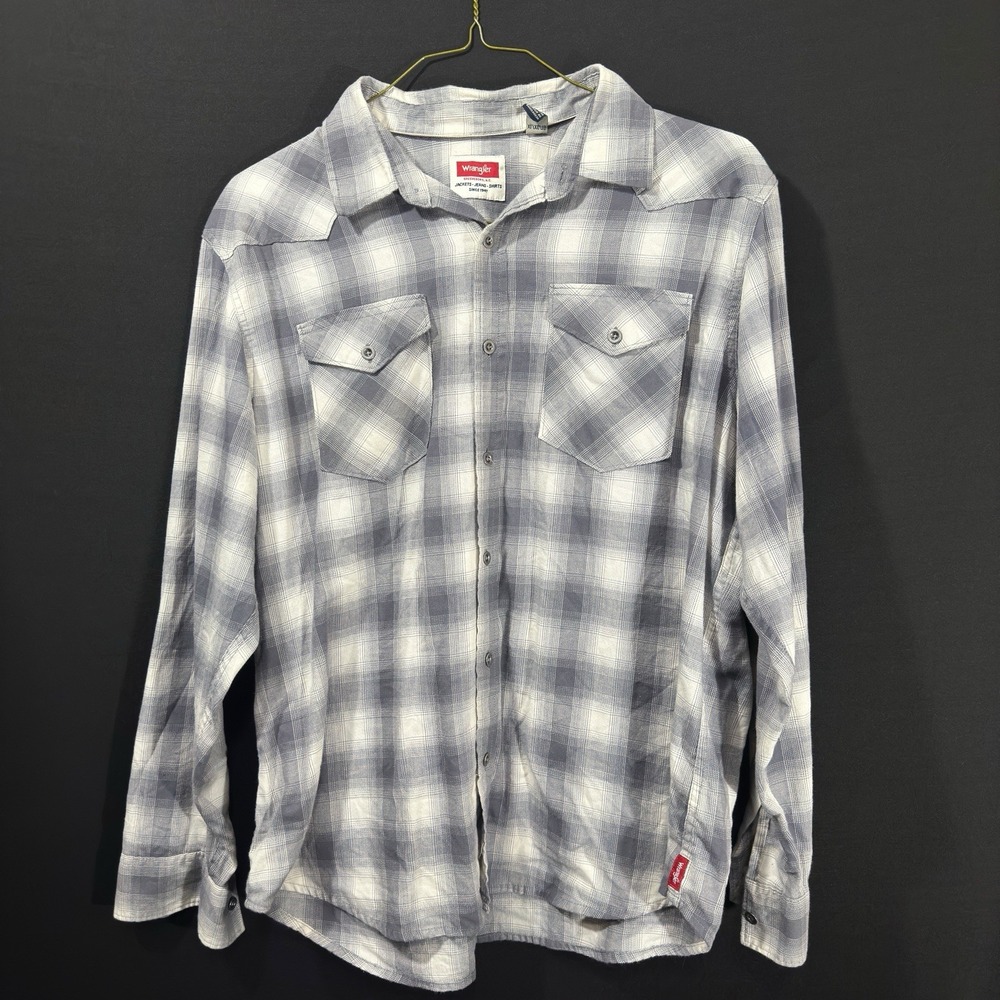 Wrangler Mens Silver Pearlsnap Flannel Shirt Gray White Plaid Long Sleeve XL‎